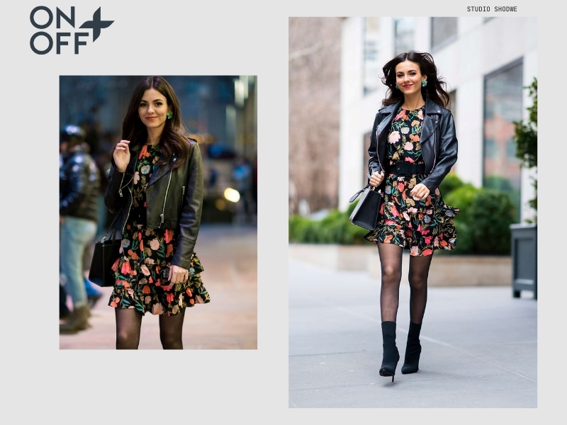 Đầm hoa phối quần tất đen