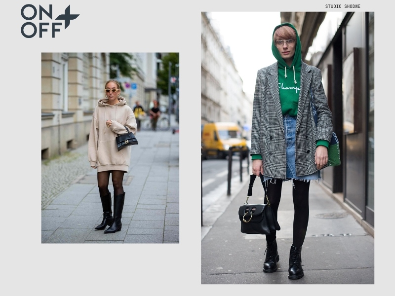 Tất đen lưới phối áo hoodie