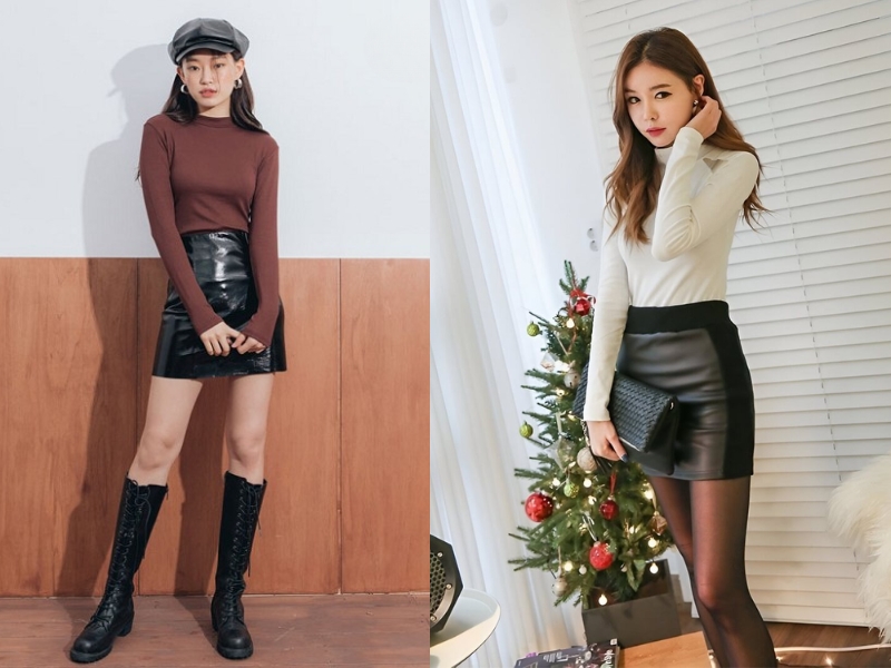Áo len và chân váy da đi đám cưới