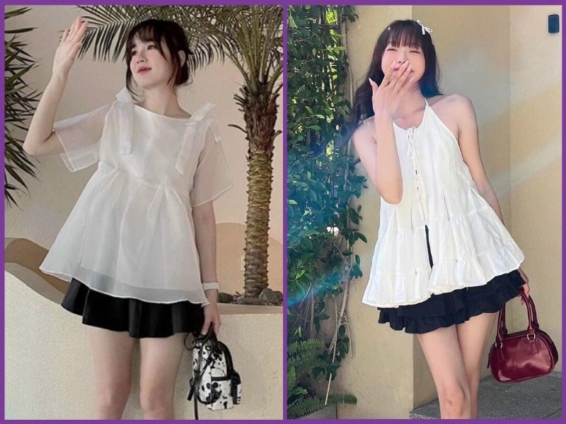 Babydoll phối chân váy xếp ly