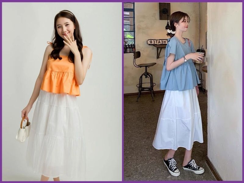 Babydoll phối chân váy midi chữ A