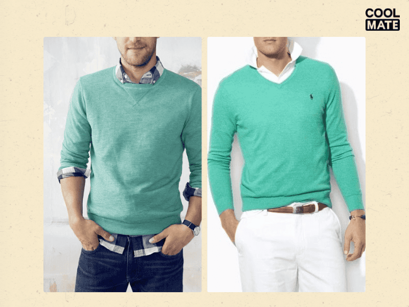 Áo len xanh ngọc bích phối sơ mi