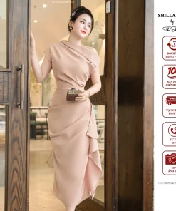 Shilla - CG.C73B35.64D5 - Váy thiết kế cao cấp màu nâu chéo vai nhún eo sang trọng