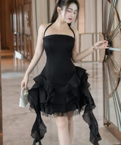 Váy đầm thiết kế cao cấp màu đen chéo dây bèo tua sang trọng [ Ảnh thật ] The Shilla-CM.N87B6.67D7