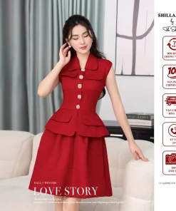 Váy đầm thiết kế cao cấp màu đỏ cổ tiểu thư sang trọng The Shilla-CG.Q49B60.59C9.BO1.T2.V85 - ĐỎ