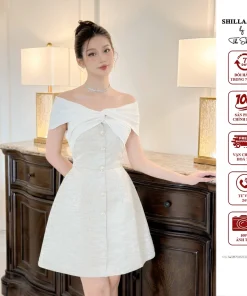 Váy đầm thiết kế cao cấp màu kem xanh trễ vai nơ sang trọng The Shilla-T43B70.62D2