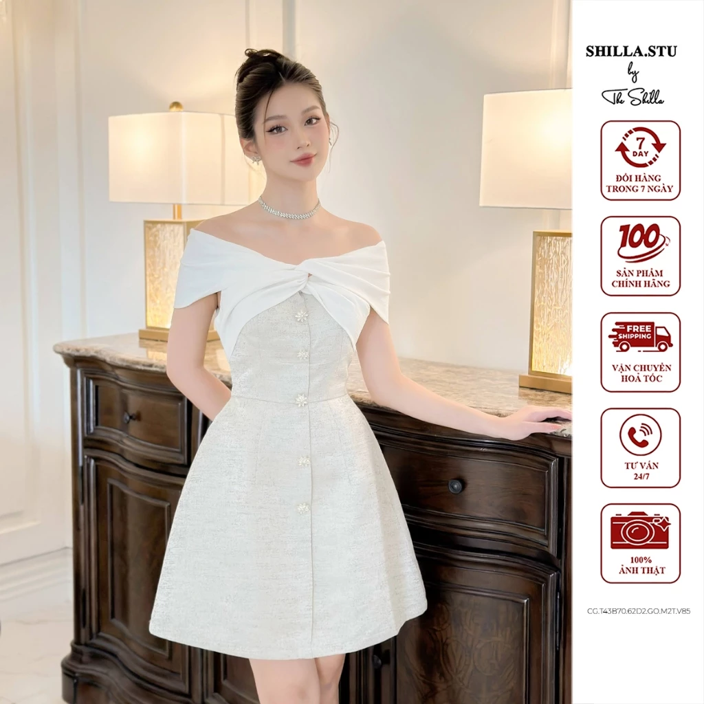 Váy đầm thiết kế cao cấp màu kem xanh trễ vai nơ sang trọng The Shilla-T43B70.62D2