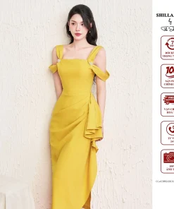 Váy đầm thiết kế cao cấp màu vàng lệch vai nhún eo đính đá CG.A73B92.69D9