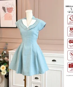 Váy đầm thiết kế cao cấp màu xanh cổ chữ V sang trọng [ Ảnh thật ] The Shilla-SCM.Q58B50.58C8.TI
